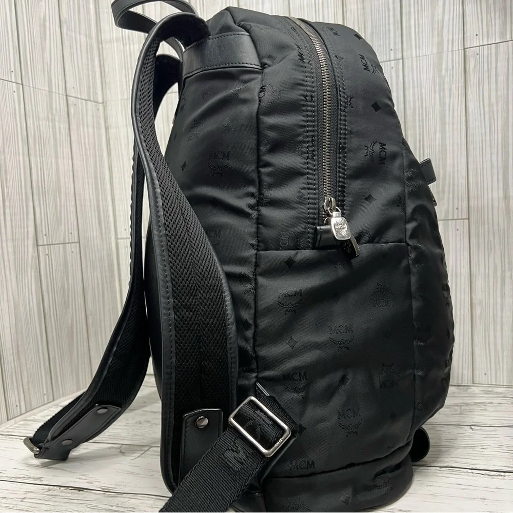 MCM Stark Backpack Black Nylon Logo Print Medium Unisex Designer Travel Bag